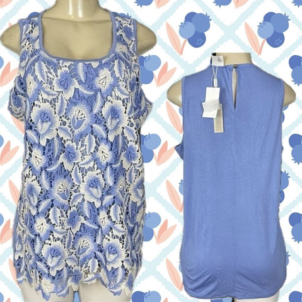 Cupio XL Blue Floral Lace Lined Scoop Neckline Scallop Hemline Sleeveless Top